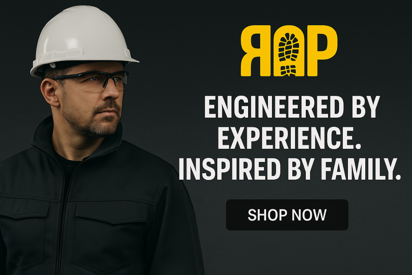 Person wearing a hard hat and safety glasses with RAP branding and text on a dark background